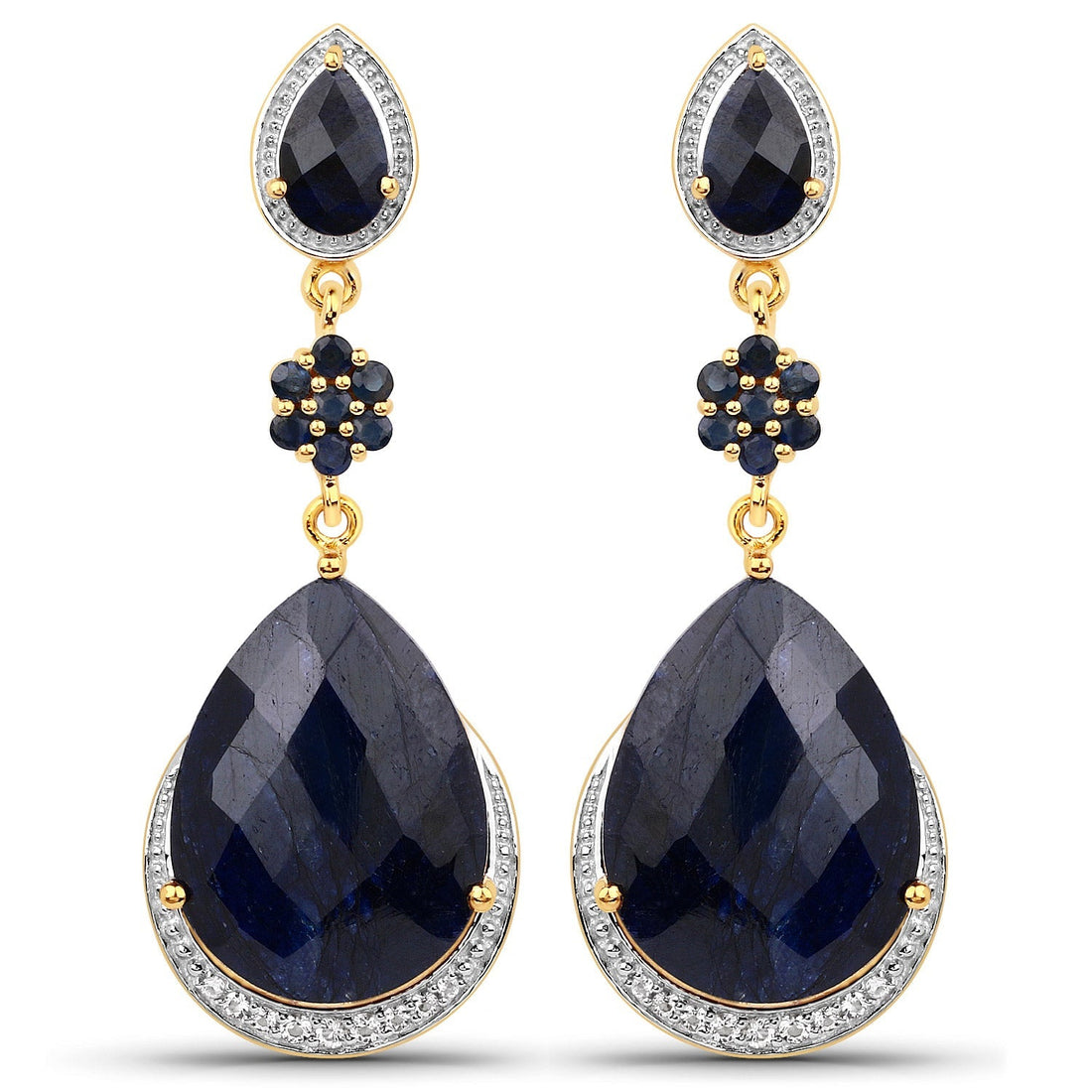 30.04 Carat Dyed Sapphire, Blue Sapphire and White Topaz .925 Sterling Silver Earrings 