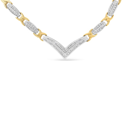 10K Yellow and White Gold 1.0 Cttw Round and Princess cut Diamond "V" Shape Statement Necklace (I-J Color, I1-I2 Clarity) by Bids.com
