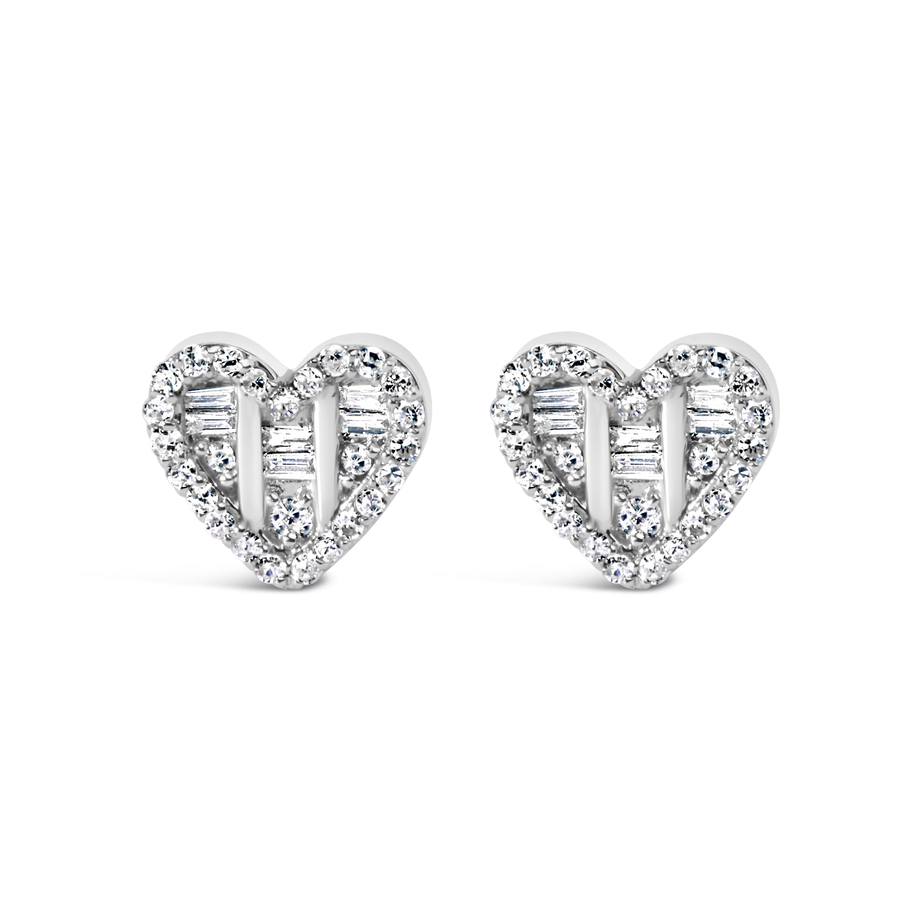 14K Yellow Gold Plated .925 Sterling Silver 1/2 Cttw Round and Baguette Diamond Composite Heart Shaped Stud Earring (I-J Color, SI2-I1 Clarity) by Bids.com
