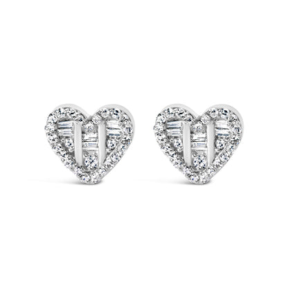 14K Yellow Gold Plated .925 Sterling Silver 1/2 Cttw Round and Baguette Diamond Composite Heart Shaped Stud Earring (I-J Color, SI2-I1 Clarity) by Bids.com