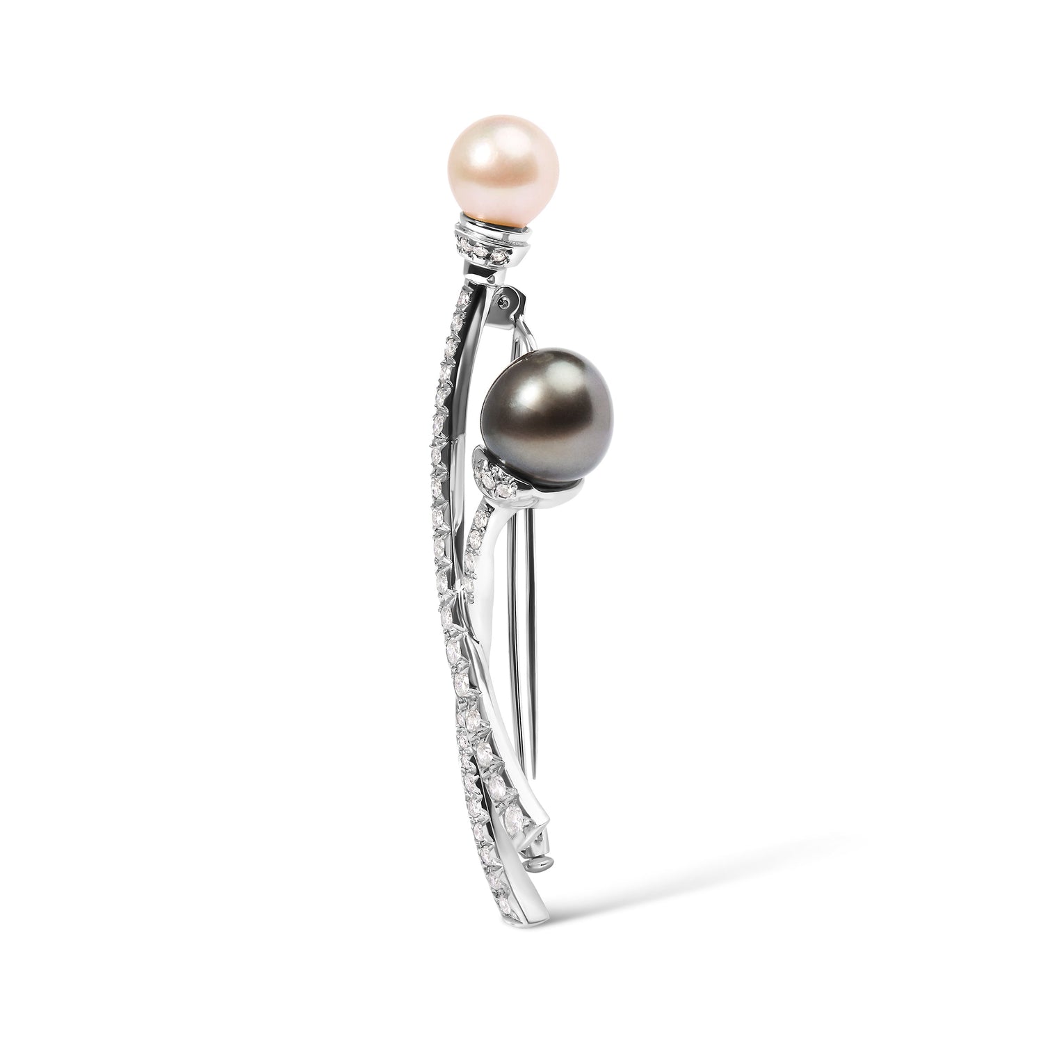 18K White Gold 3/5 Cttw Diamond and Cultured South Sea Black and White Pearl Brooch Pin (H-I Color, VS1-VS2 Clarity)