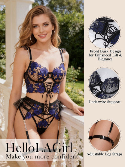 Black&amp;Blue Lace Tie Adjustable Sculpting Body Lingerie Set