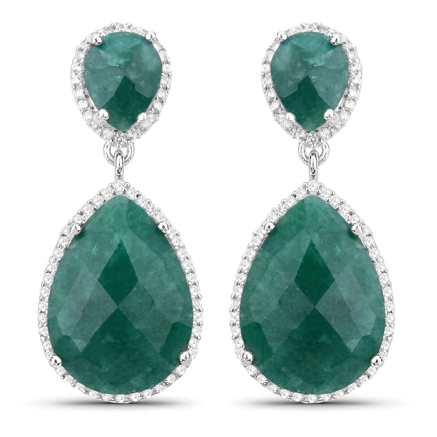 19.42 Carat Dyed Emerald and White Topaz .925 Sterling Silver Earrings