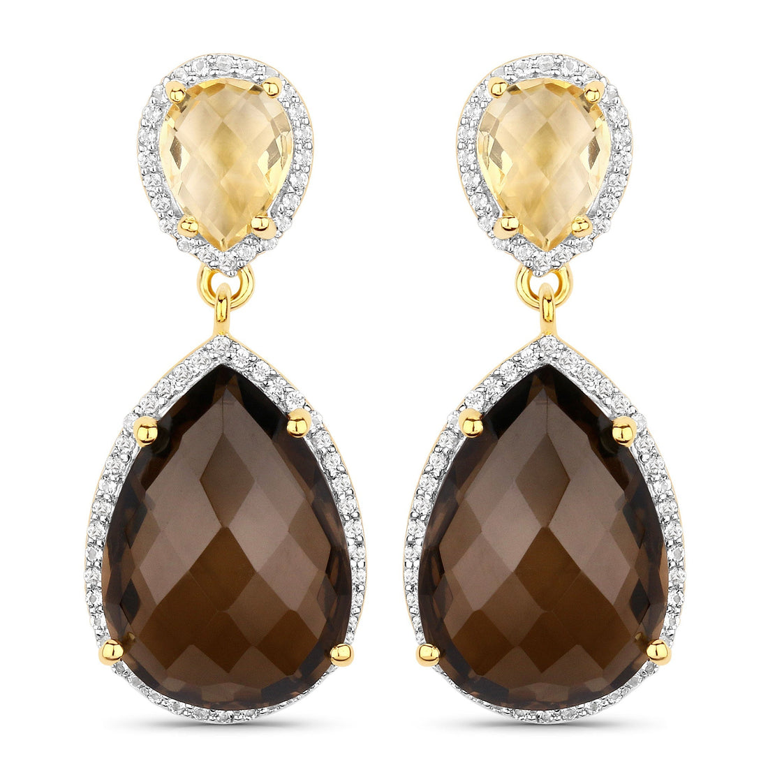 21.12 Carat Genuine Smoky Quartz, Citrine and White Topaz .925 Sterling Silver Earrings 