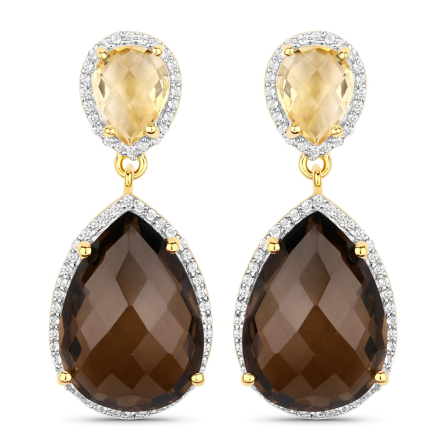 21.12 Carat Genuine Smoky Quartz, Citrine and White Topaz .925 Sterling Silver Earrings