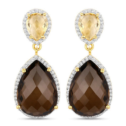 21.12 Carat Genuine Smoky Quartz, Citrine and White Topaz .925 Sterling Silver Earrings  DestGlow