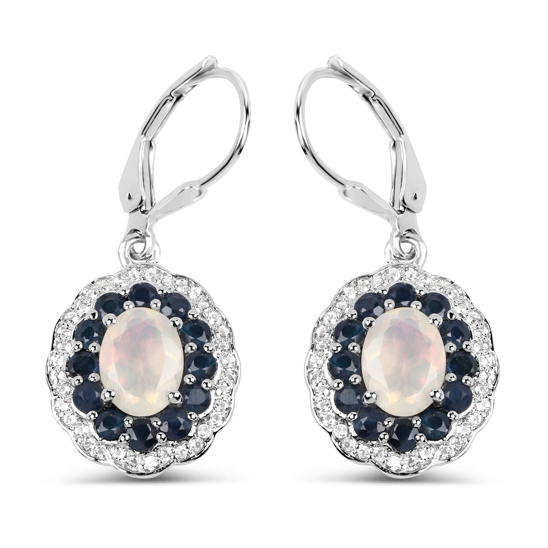 2.80 Carat Genuine Ethiopian Opal, Blue Sapphire and White Topaz .925 Sterling Silver Earrings 