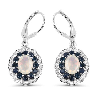 2.80 Carat Genuine Ethiopian Opal, Blue Sapphire and White Topaz .925 Sterling Silver Earrings  DestGlow