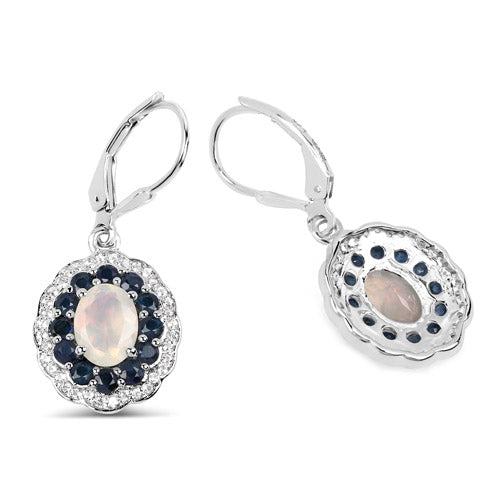 2.80 Carat Genuine Ethiopian Opal, Blue Sapphire and White Topaz .925 Sterling Silver Earrings  DestGlow