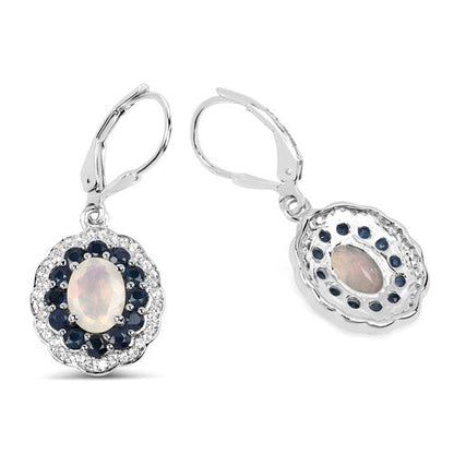 2.80 Carat Genuine Ethiopian Opal, Blue Sapphire and White Topaz .925 Sterling Silver Earrings  DestGlow