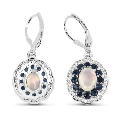 2.80 Carat Genuine Ethiopian Opal, Blue Sapphire and White Topaz .925 Sterling Silver Earrings  DestGlow