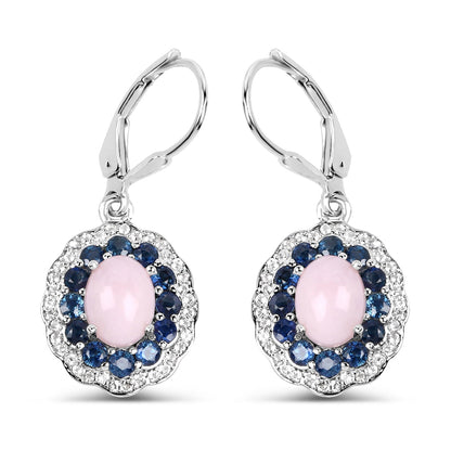 4.00 Carat Genuine Opal Pink, Blue Sapphire and White Topaz .925 Sterling Silver Earrings 