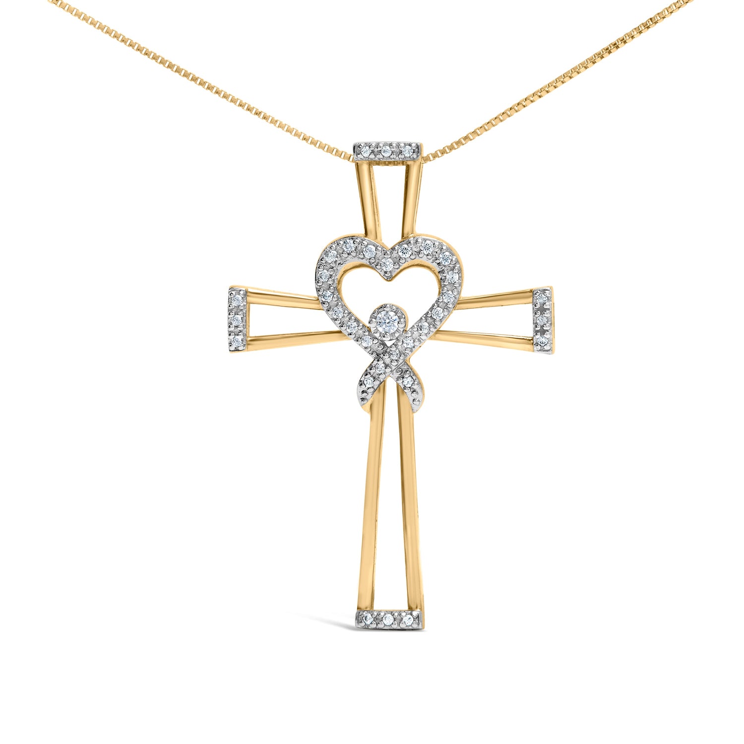 14K Yellow Gold Plated .925 Sterling Silver 1/6 Cttw Diamond Interlocking Heart and Ribbon Cross Pendant Necklace (H-I Color, I2-I3 Clarity) - 18" Inches by Bids.com