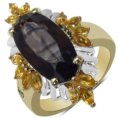 14K Yellow Gold Plated 7.07 Carat Genuine Smoky Quartz, Citrine &amp; White Diamond .925 Sterling Silver Ring by Bids.com