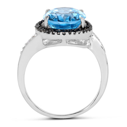 5.48 Carat Genuine Swiss Blue Topaz, Black Diamond and White Diamond .925 Sterling Silver Ring by Bids.com