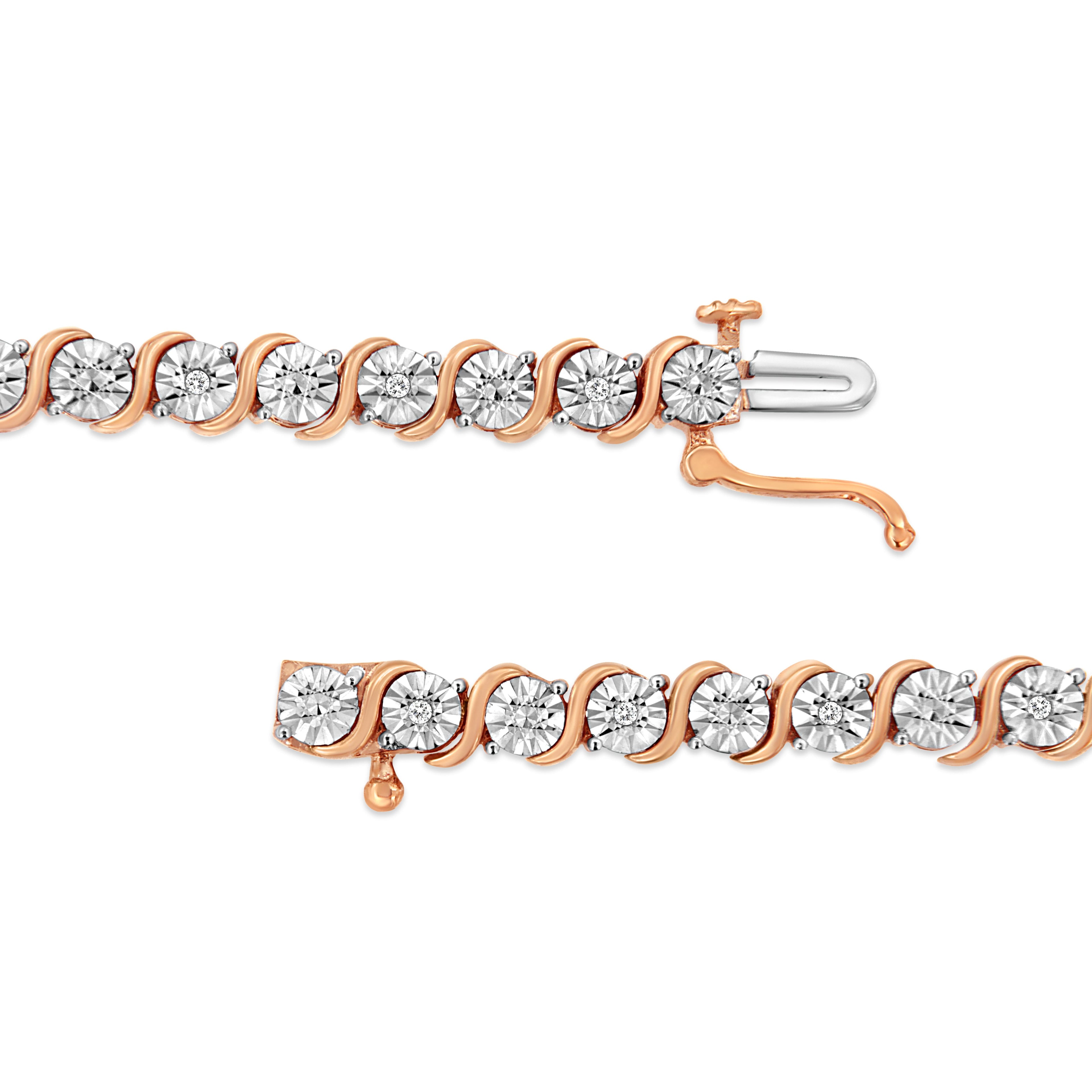14K Rose Gold Plated .925 Sterling Silver 1/10 Cttw Diamond Round Miracle Plate and "S" Link Tennis Bracelet (I-J Color, I2- I3 Clarity) - 7" by Bids.com