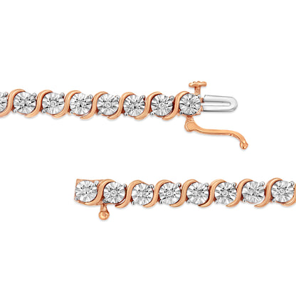 14K Rose Gold Plated .925 Sterling Silver 1/10 Cttw Diamond Round Miracle Plate and "S" Link Tennis Bracelet (I-J Color, I2- I3 Clarity) - 7" by Bids.com