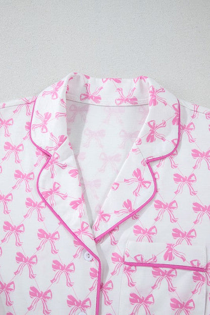 Women's Pink Bow Print Pajama Set - Short Sleeve Top & Ruffled Shorts