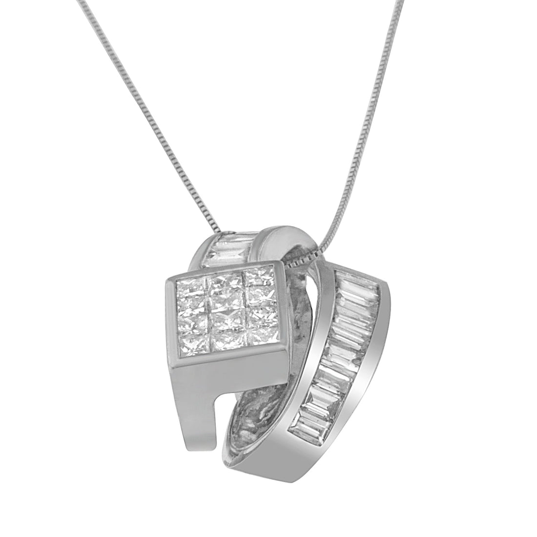 14K White Gold 2 cttw Princess and Baguette Cut Diamond Double Loop Pendant Necklace (G-H, VS1-VS2) by Bids.com