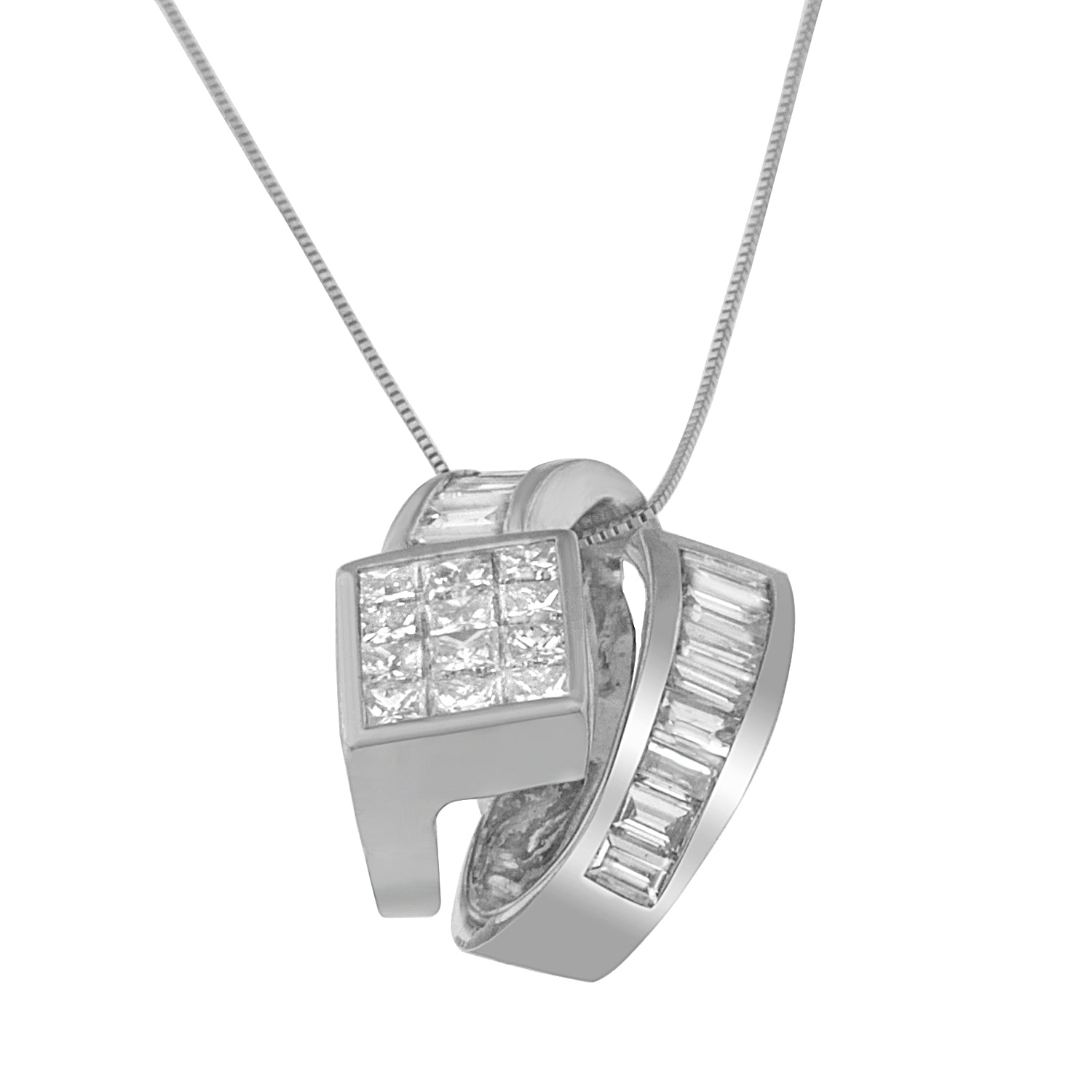 14K White Gold 2 cttw Princess and Baguette Cut Diamond Double Loop Pendant Necklace (G-H, VS1-VS2) by Bids.com