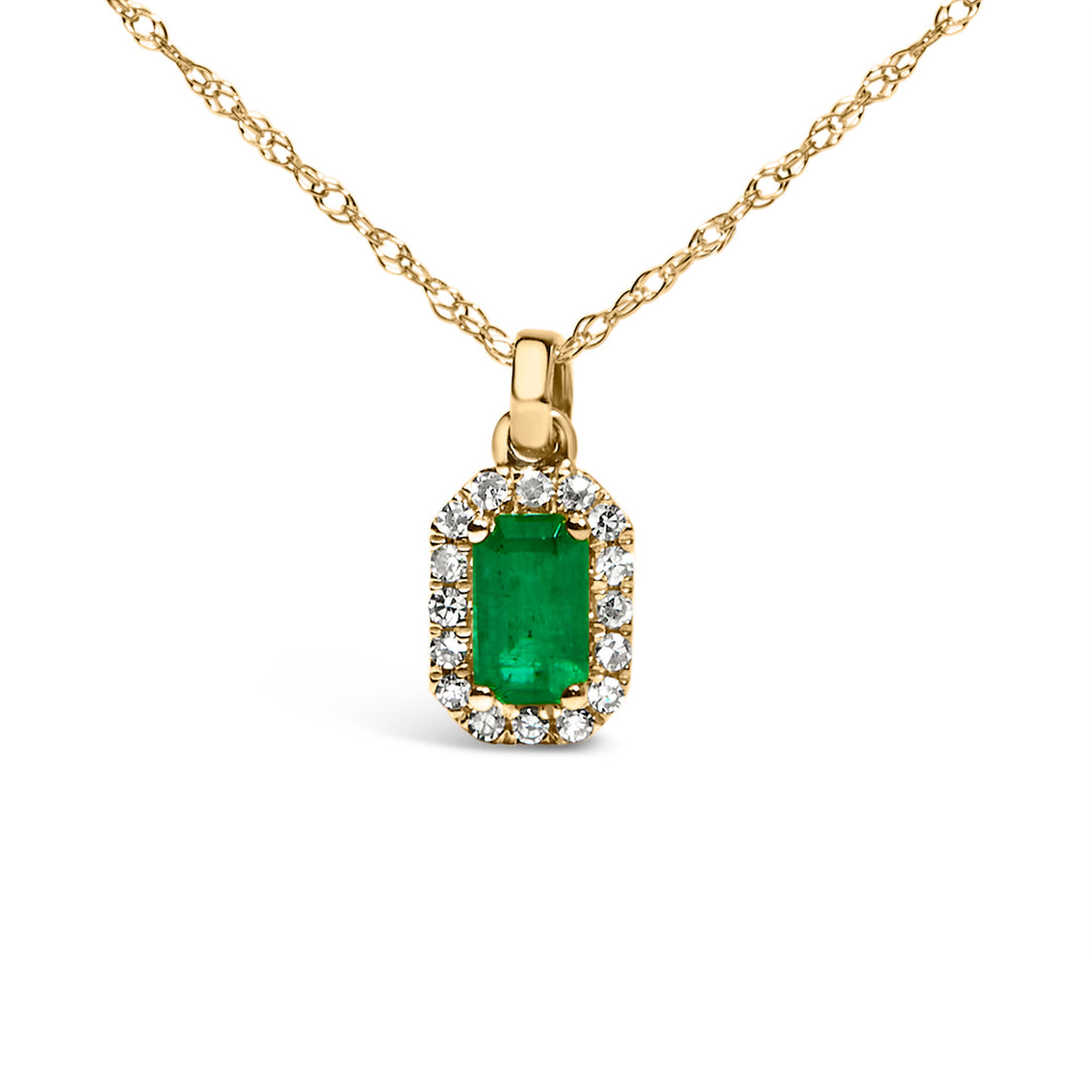 10K Yellow Gold 5x3mm Green Emerald and Diamond Accent Halo Octagonal Shape 18" Pendant Necklace (I-J Color, I1-I2 Clarity) by Bids.com
