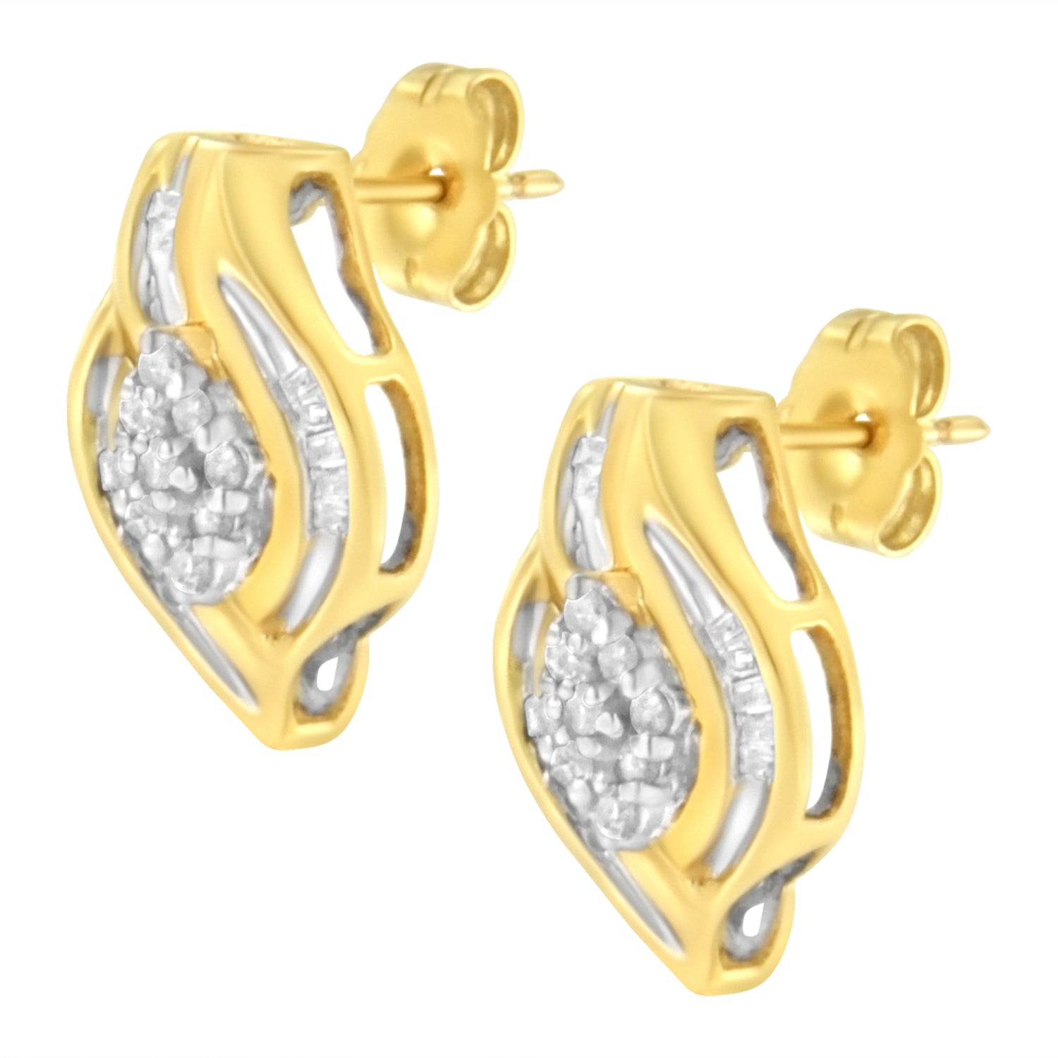10K Yellow Gold 1/3 cttw Round-Cut Diamond Cluster and Swirl Stud Earrings (J-K Clarity, I2-I3 Color) by Bids.com