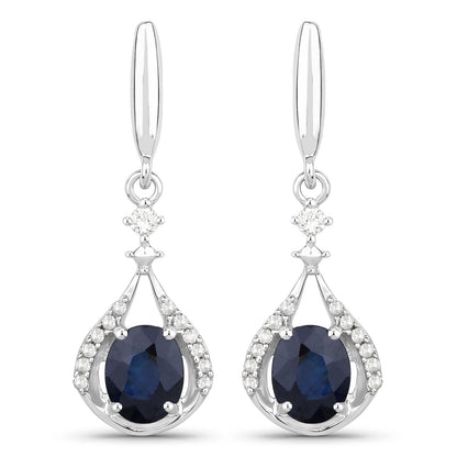 0.86 Carat Genuine Blue Sapphire and White Diamond 14K White Gold Earrings 