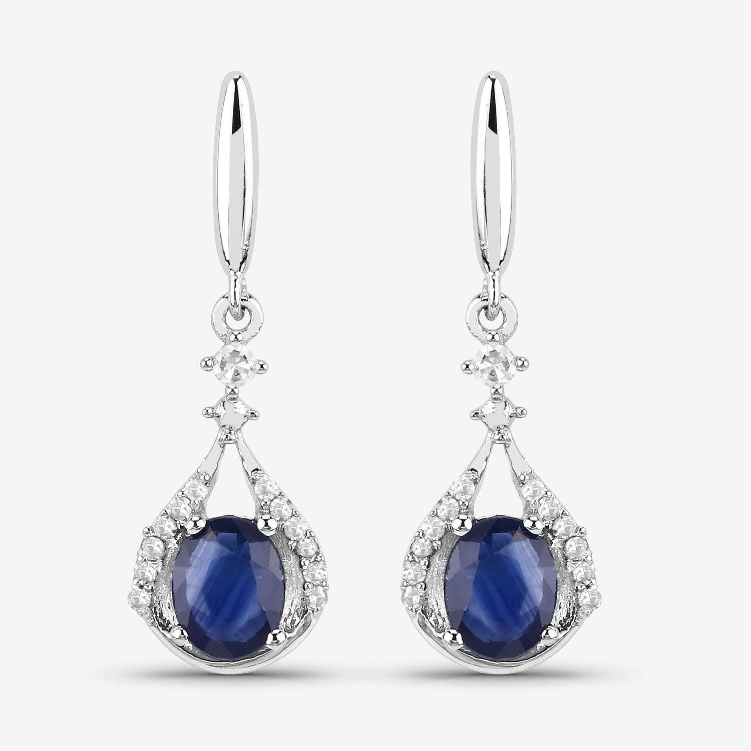 0.86 Carat Genuine Blue Sapphire and White Diamond 14K White Gold Earrings 