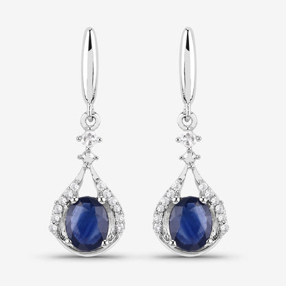0.86 Carat Genuine Blue Sapphire and White Diamond 14K White Gold Earrings 