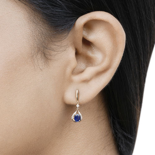 0.86 Carat Genuine Blue Sapphire and White Diamond 14K Yellow Gold Earrings  DestGlow