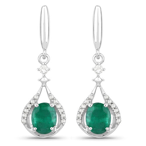 0.70 Carat Genuine Zambian Emerald and White Diamond 14K White Gold Earrings  DestGlow