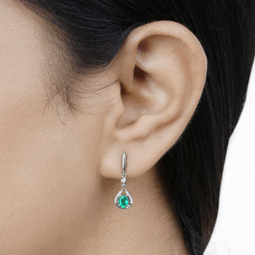 0.70 Carat Genuine Zambian Emerald and White Diamond 14K White Gold Earrings  DestGlow