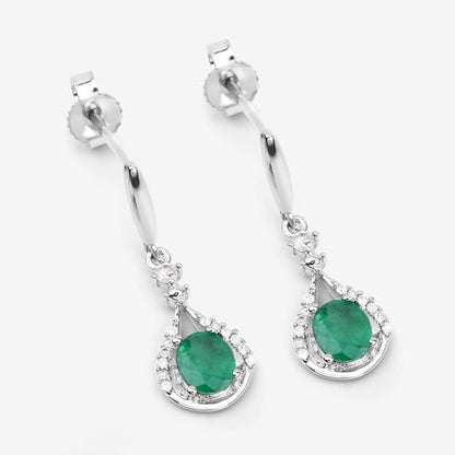 0.70 Carat Genuine Zambian Emerald and White Diamond 14K White Gold Earrings  DestGlow