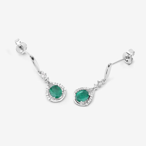 0.70 Carat Genuine Zambian Emerald and White Diamond 14K White Gold Earrings  DestGlow