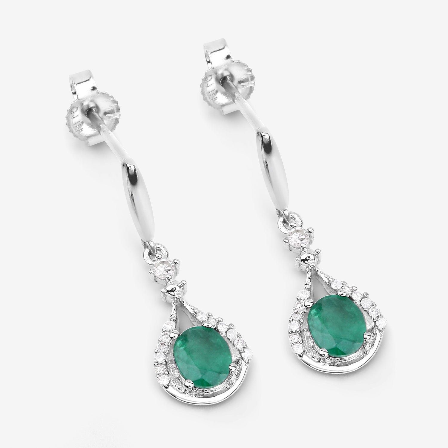 0.70 Carat Genuine Zambian Emerald and White Diamond 14K White Gold Earrings by Avera Group