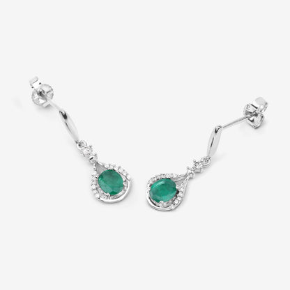 0.70 Carat Genuine Zambian Emerald and White Diamond 14K White Gold Earrings by Avera Group