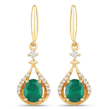 0.70 Carat Genuine Zambian Emerald and White Diamond 14K Yellow Gold Earrings  DestGlow