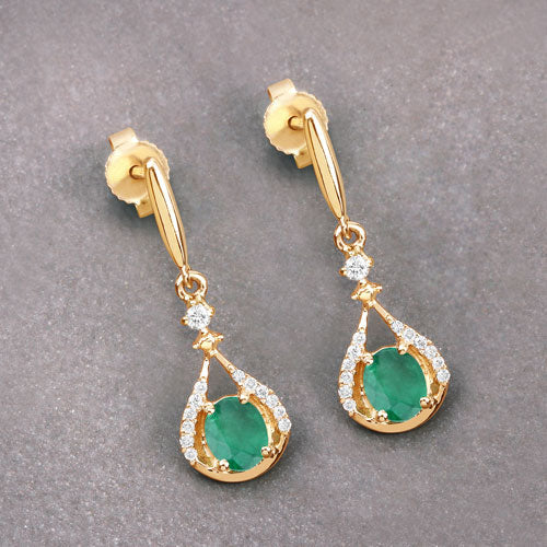 0.70 Carat Genuine Zambian Emerald and White Diamond 14K Yellow Gold Earrings  DestGlow