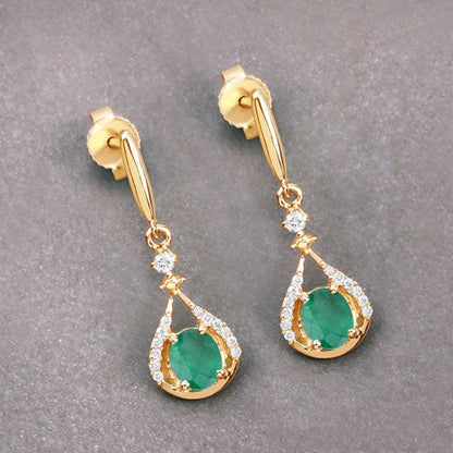 0.70 Carat Genuine Zambian Emerald and White Diamond 14K Yellow Gold Earrings  DestGlow