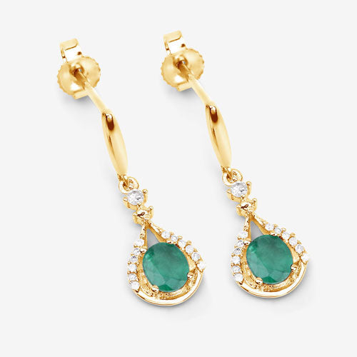 0.70 Carat Genuine Zambian Emerald and White Diamond 14K Yellow Gold Earrings  DestGlow