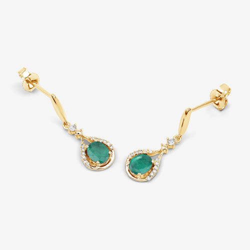 0.70 Carat Genuine Zambian Emerald and White Diamond 14K Yellow Gold Earrings  DestGlow