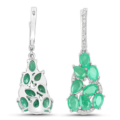 6.69 Carat Genuine Emerald and White Diamond .925 Sterling Silver Earrings 