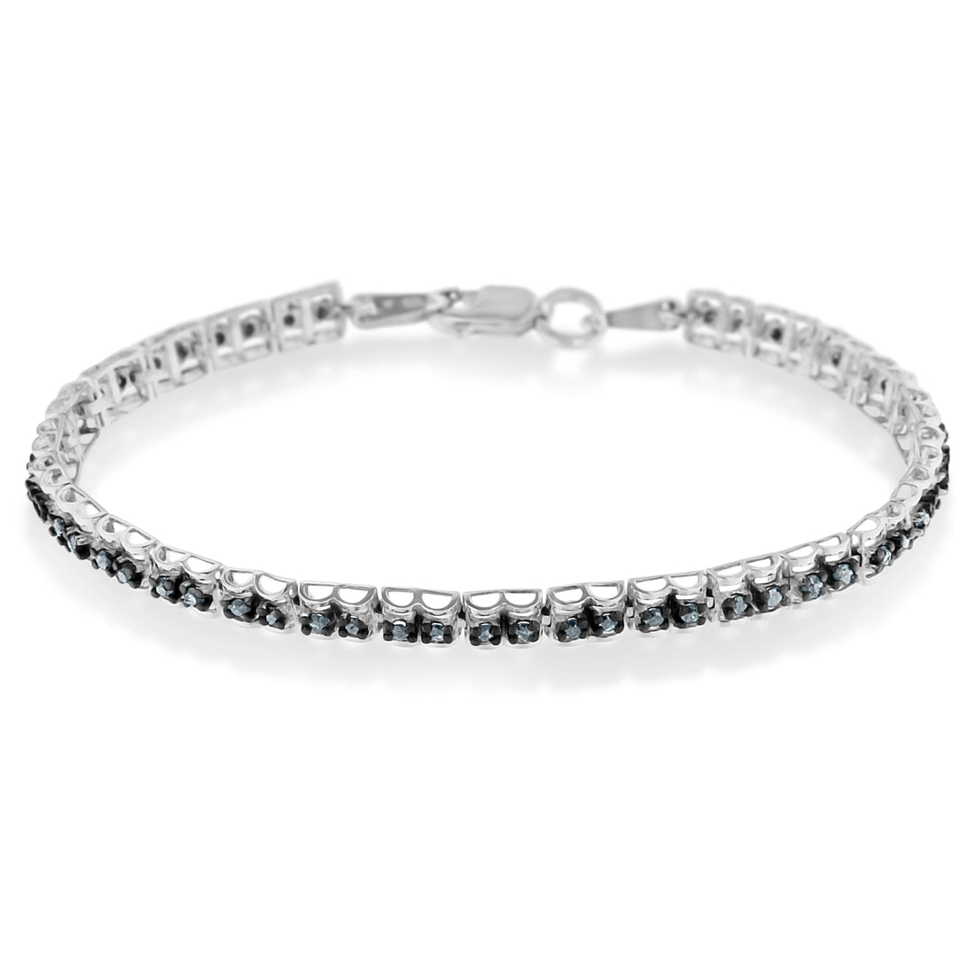 Black Rhodium over .925 Sterling Silver 1.0 Cttw Rose Cut Diamond Double-Link 7" Tennis Bracelet (Blue Color, I1-I2 Clarity) by Bids.com