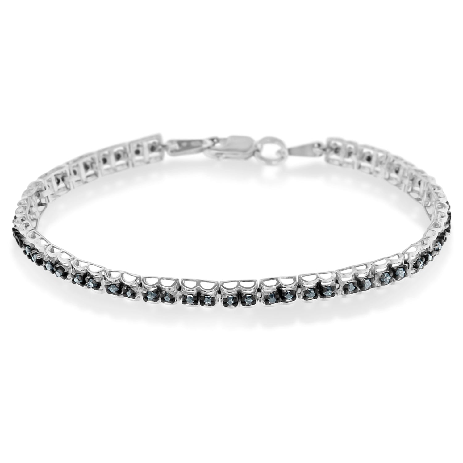 Black Rhodium over .925 Sterling Silver 1.0 Cttw Rose Cut Diamond Double-Link 7" Tennis Bracelet (Blue Color, I1-I2 Clarity) by Bids.com