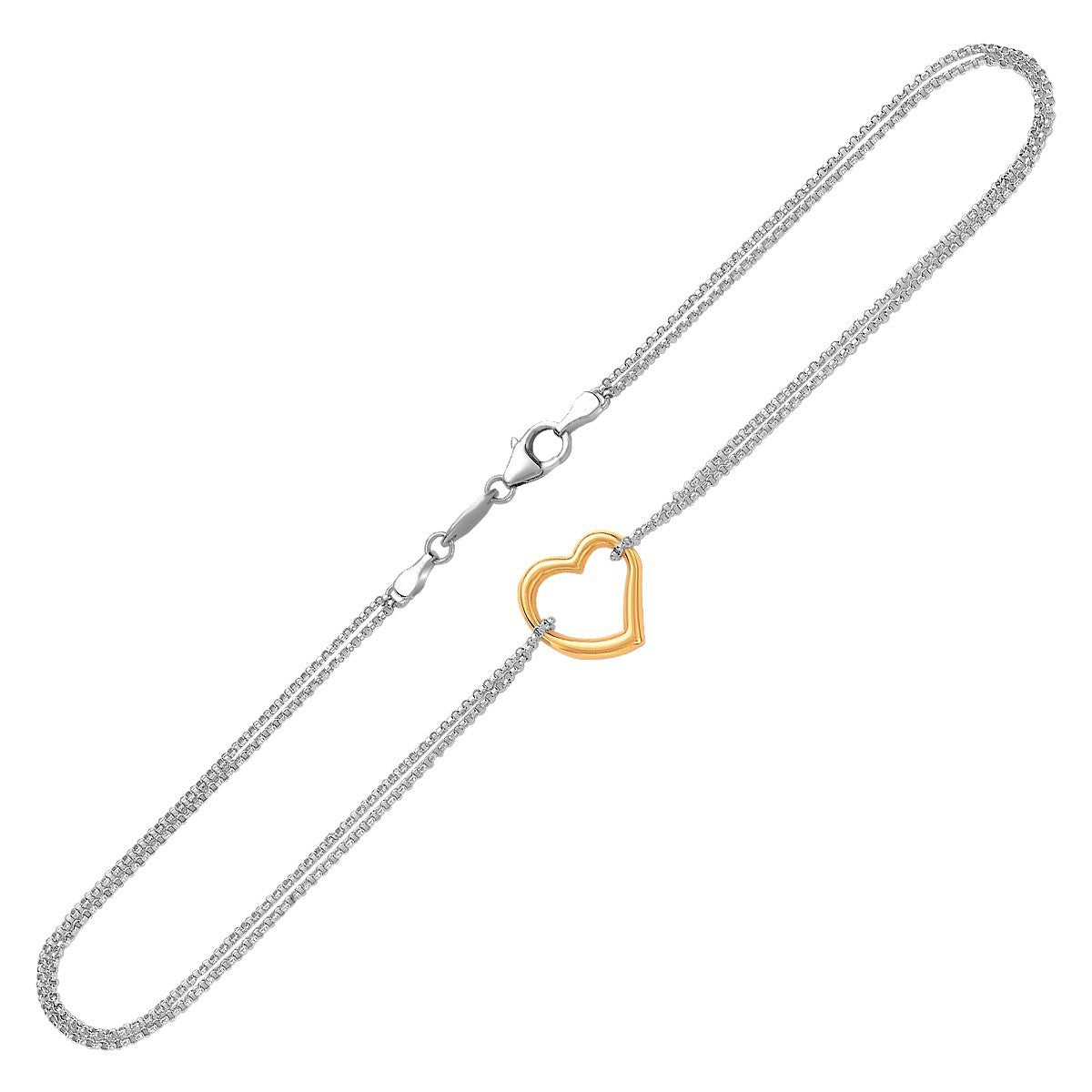 14k Yellow Gold and Sterling Silver Anklet with a Single Open Heart Station  DestGlow