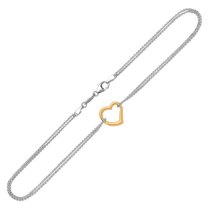 14k Yellow Gold and Sterling Silver Anklet with a Single Open Heart Station  DestGlow
