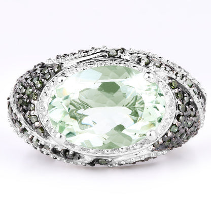 5.98 Carat Genuine Green Amethyst &amp; Green Diamond .925 Sterling Silver Ring by Bids.com