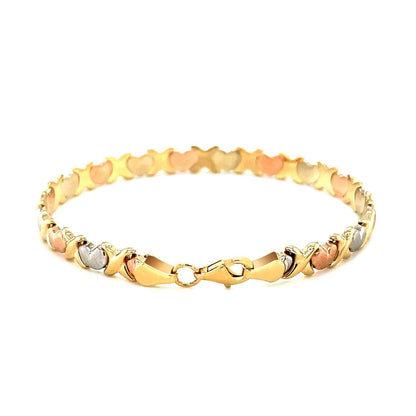 14k Tri-Color Gold Fancy Satin Heart Line Bracelet by Bids.com
