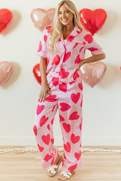 Women's Valentine's Day Pajama Set - Heart Print Short Sleeve Shirt & Pants