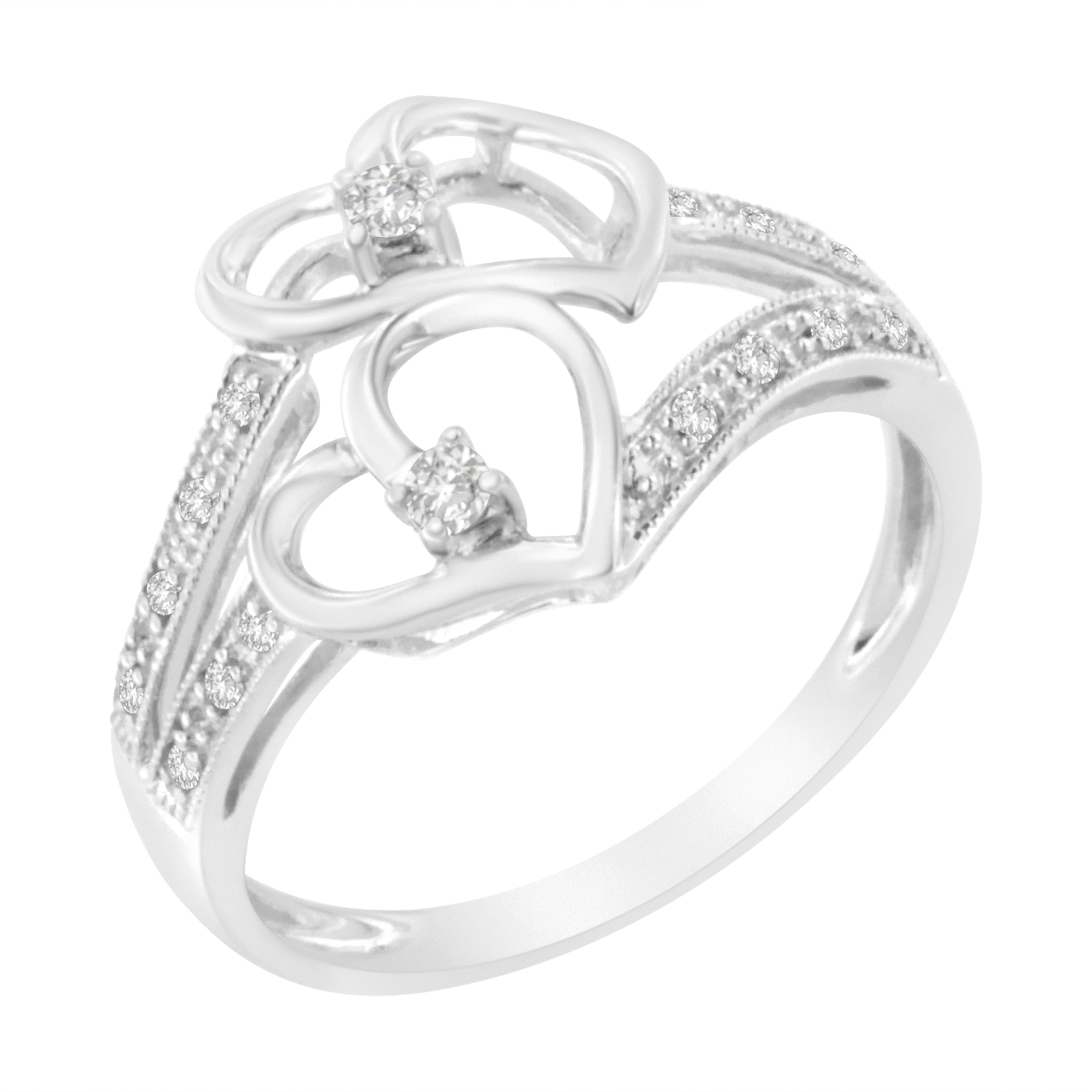 14KT White Gold 1/10 cttw Diamond Twin Heart Ring - Size 6.5 by Bids.com